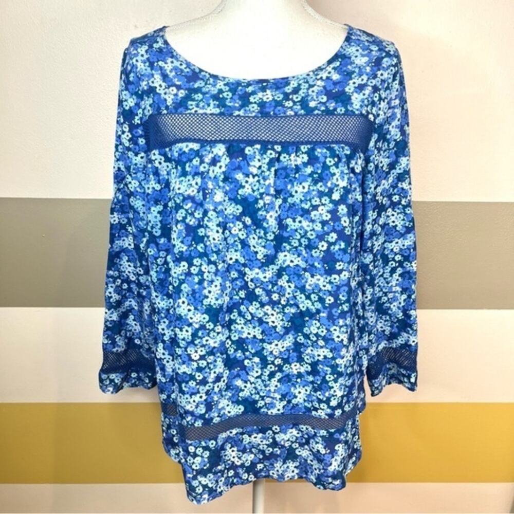 GAP Blue Floral Mesh Business Career Modest Lightweight Mature Casual Blouse L